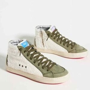 P448 Italy Olive Green Suede and White Fuzzy High Top Sneakers Size 37 6.5 US